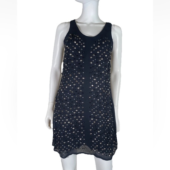 FRENCH CONNECTION Dress Navy Blue Studded Rockstud V Neck Sleeveless Shift boho - Picture 1 of 16